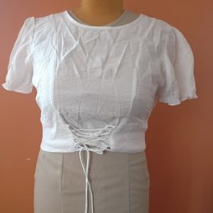 Crisp White Lace up Peasant Crop Top XL